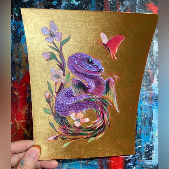 Original Dragon painting snake flying serpent handmade art gold accents Ettina - Picture 4 of 5